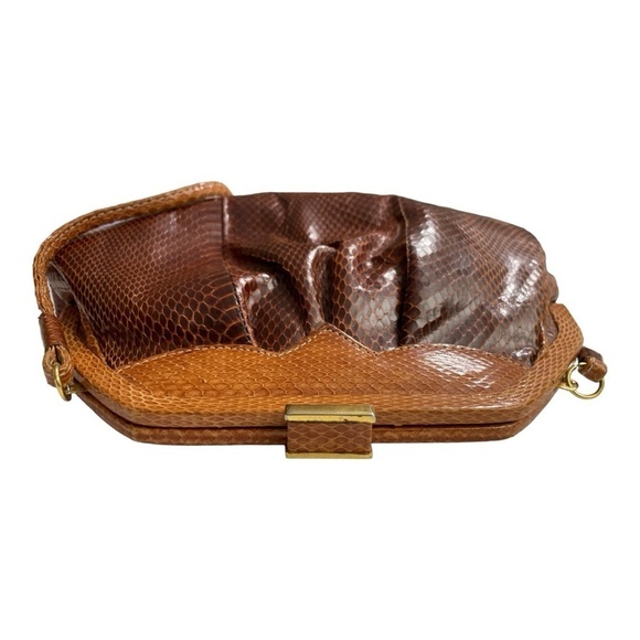 Brown Leather Clutch Snakeskin Shoulder Crossbody Strap Convertible Clutch 1980s - Picture 6 of 15